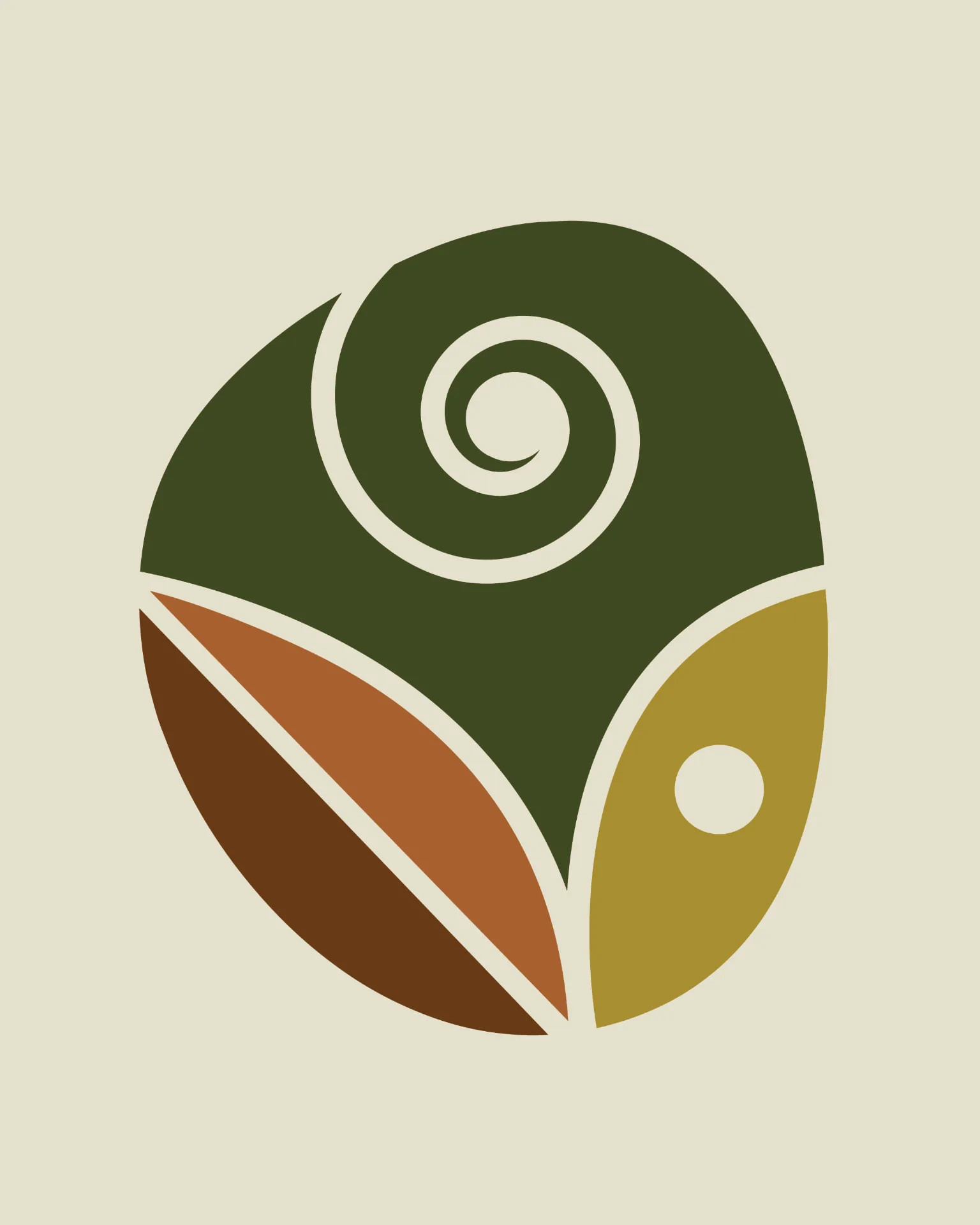 Visv Foundation identity — the seed-form emblem built from a spiral, leaf and grain shapes and a single dot, in forest green, olive, terracotta and soil brown