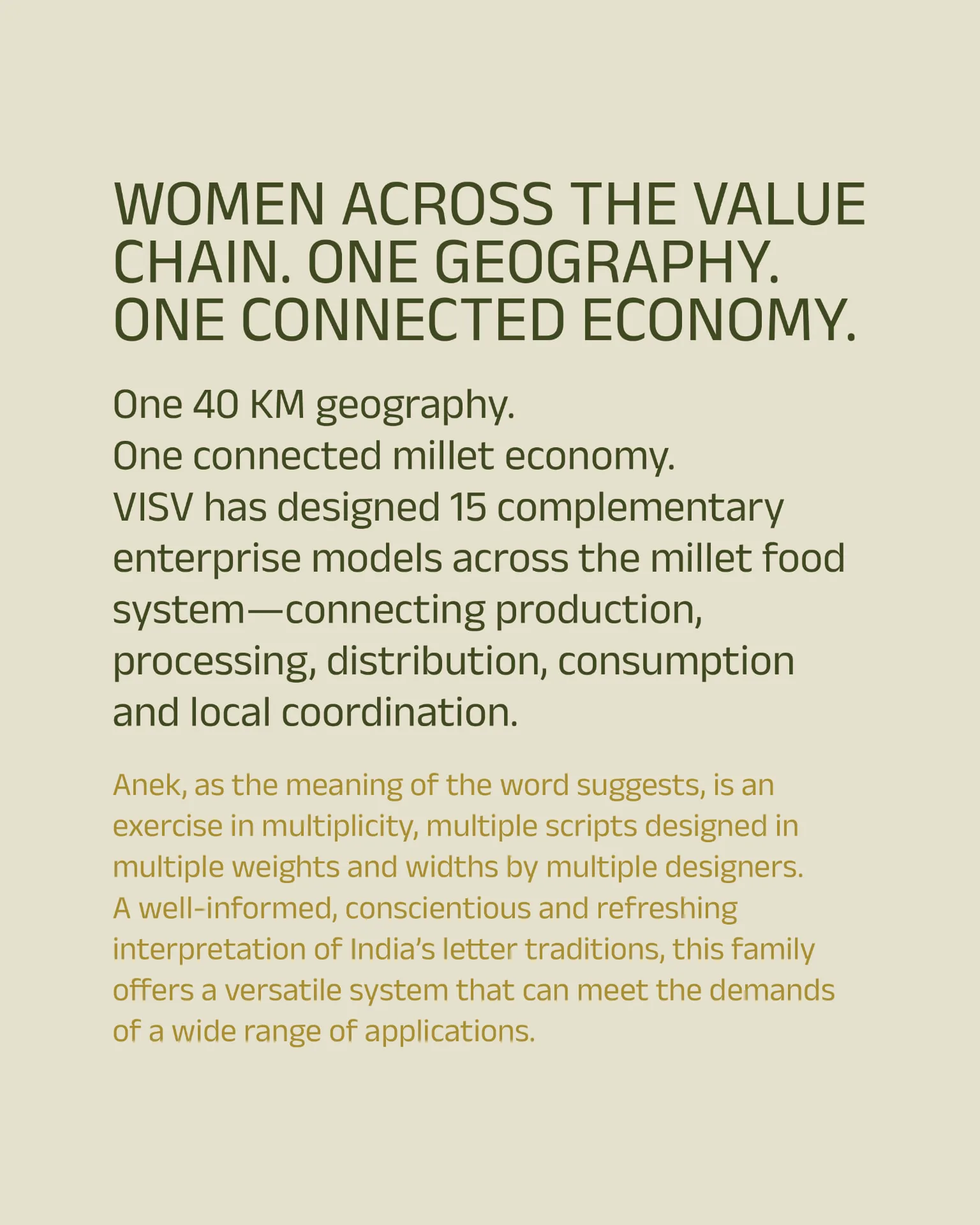 Visv Foundation typography spread — the headline “Women across the value chain. One geography. One connected economy” set in Anek