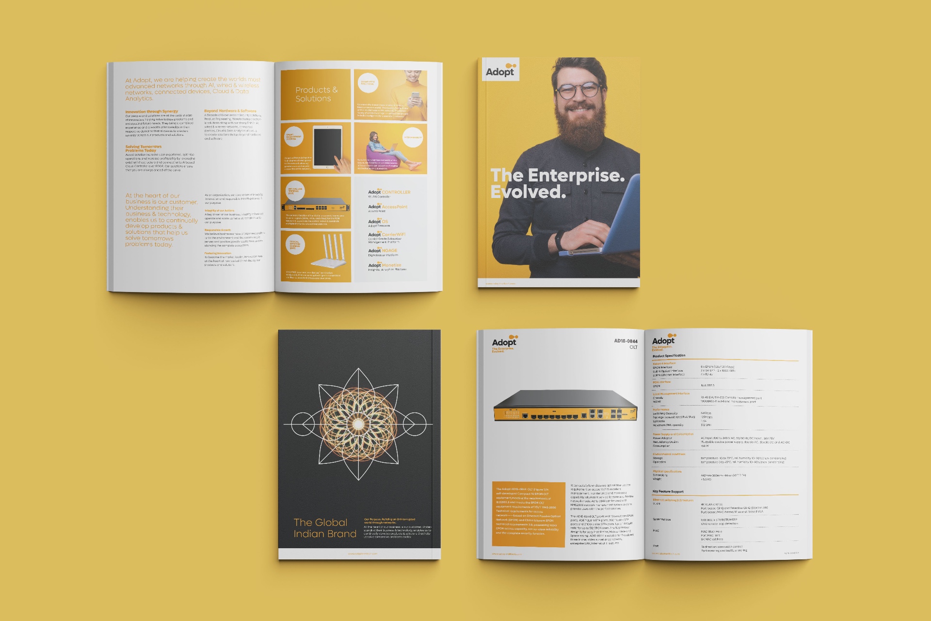 ADOPT - Brand brochure spread showing products, mandala design, and catalog pages
