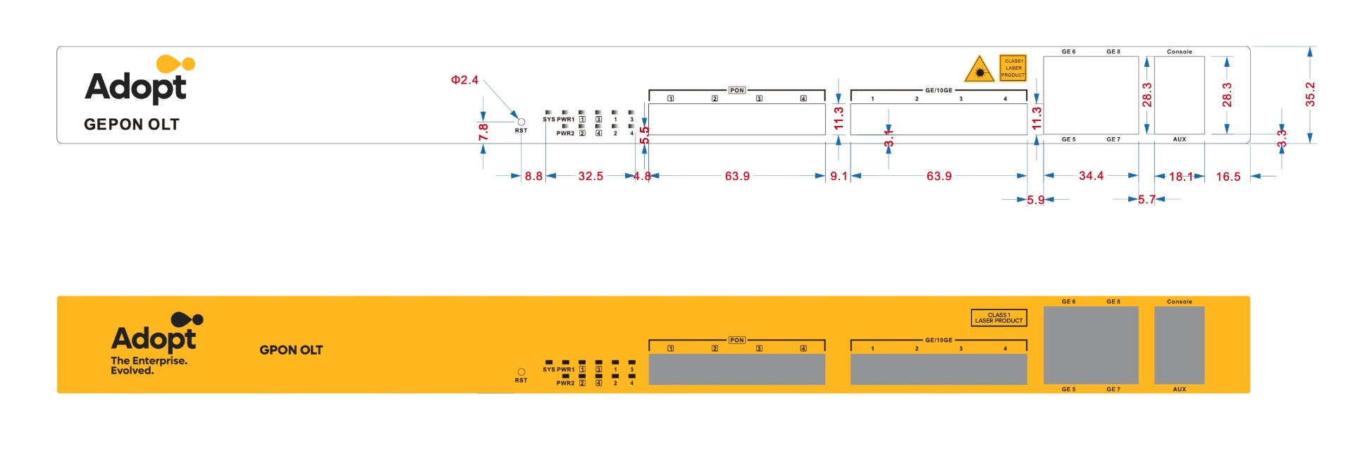 ADOPT - Technical drawing and specifications for GEPON OLT front panel