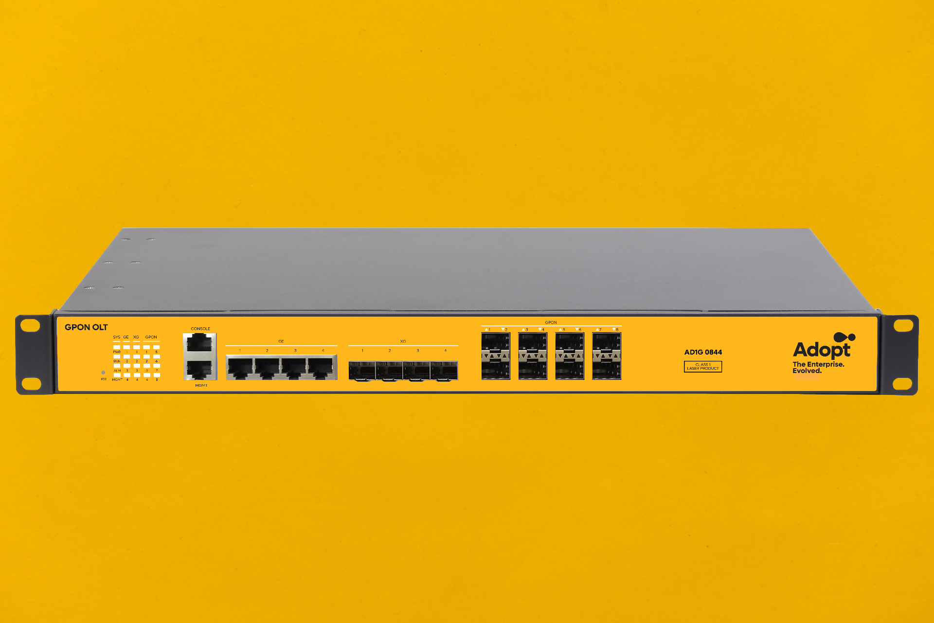 ADOPT - GPON OLT network device in yellow and gray branding on yellow background