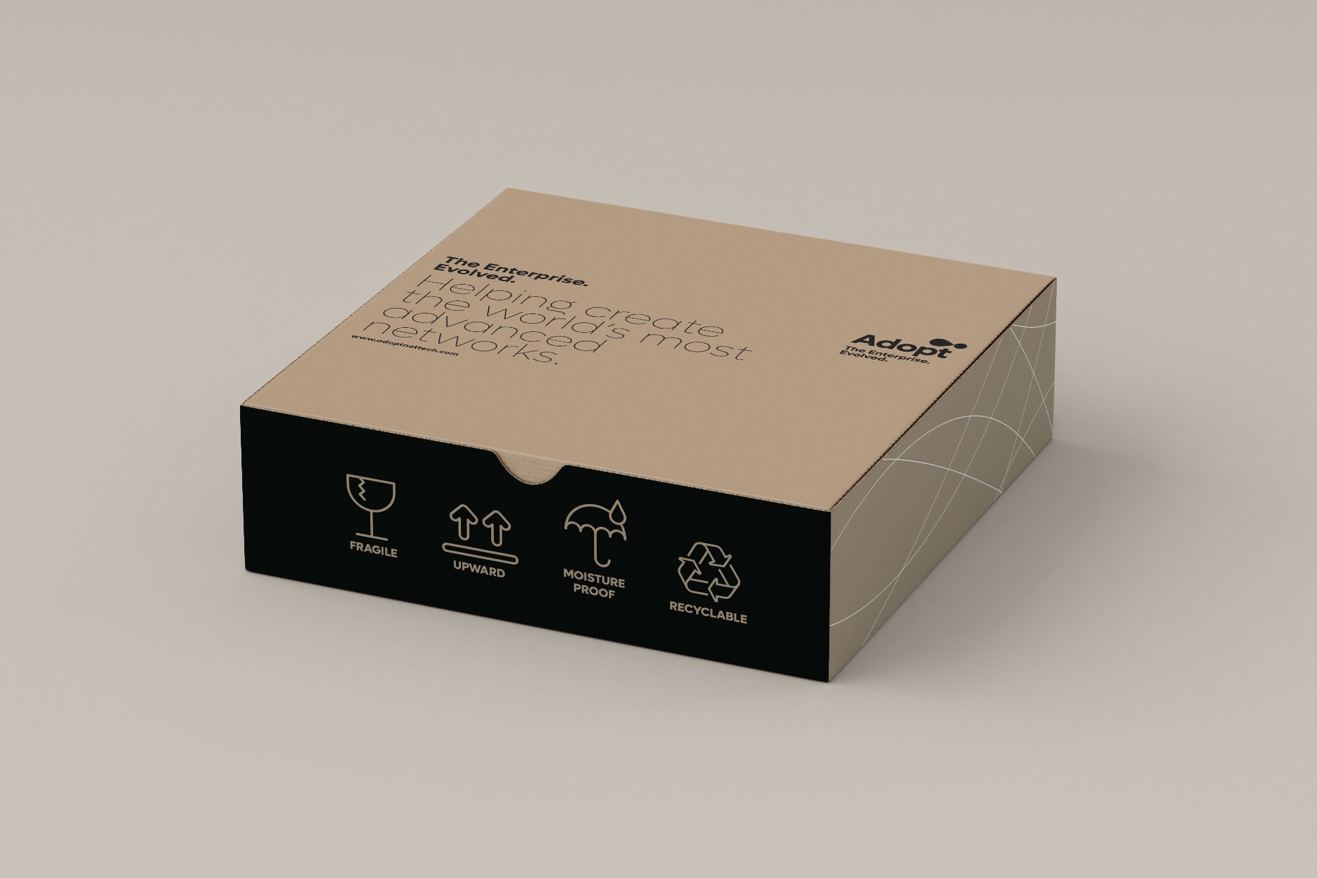 ADOPT - Product packaging box in beige with black side panel showing handling icons
