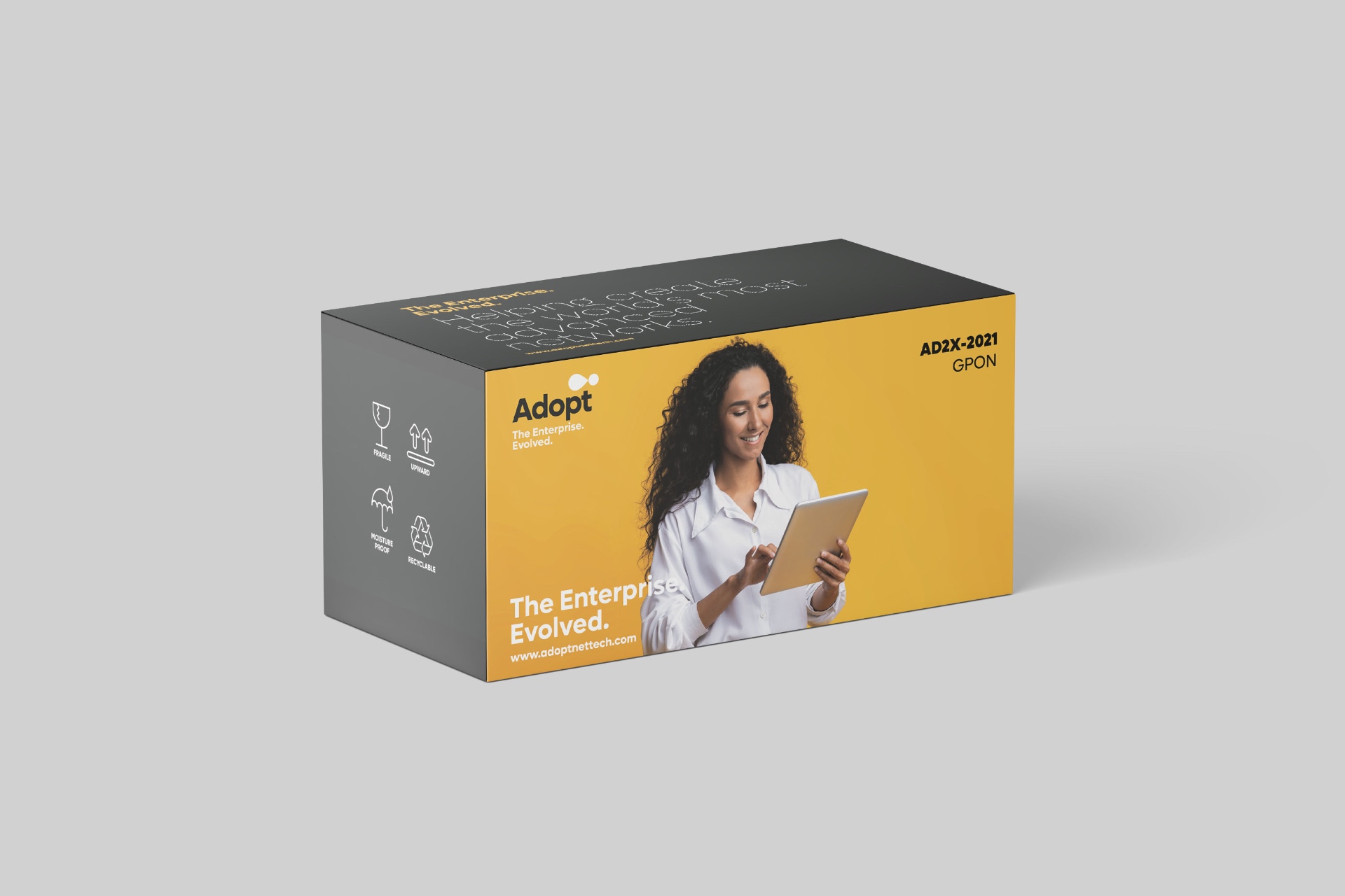 ADOPT - Product packaging box in yellow and gray featuring The Enterprise Evolved tagline