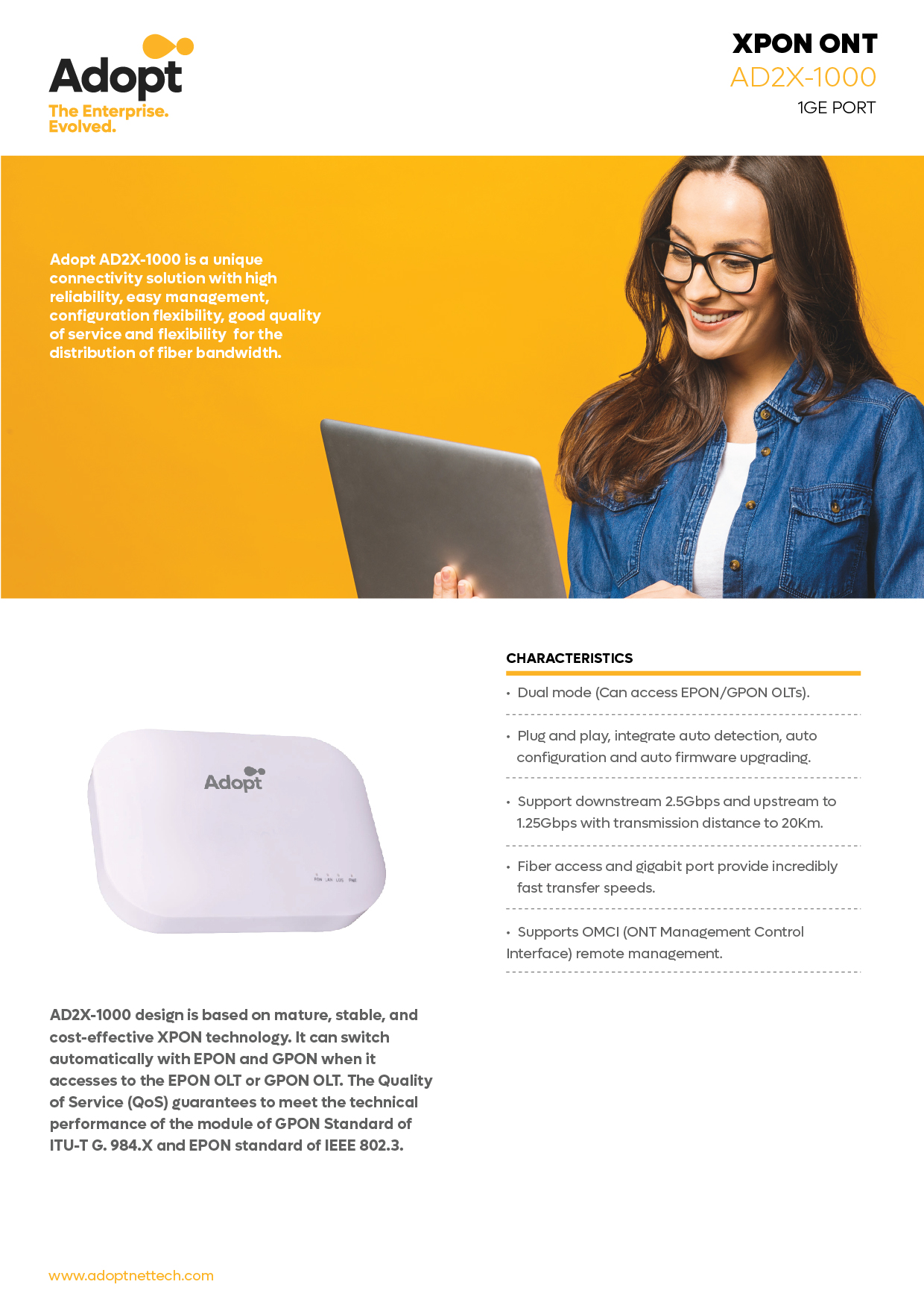 ADOPT - XPON ONT AD2X-1000 product specification sheet with features and characteristics
