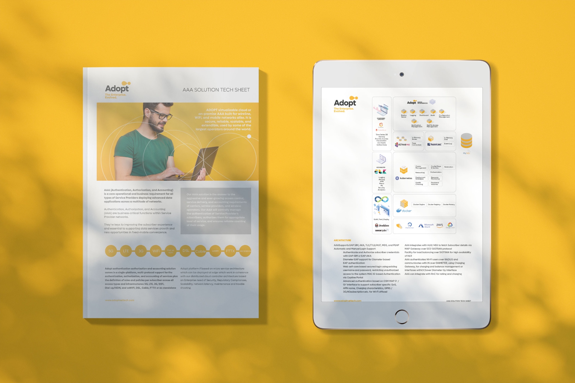 ADOPT - AAA Solution tech sheet displayed on tablet with printed version